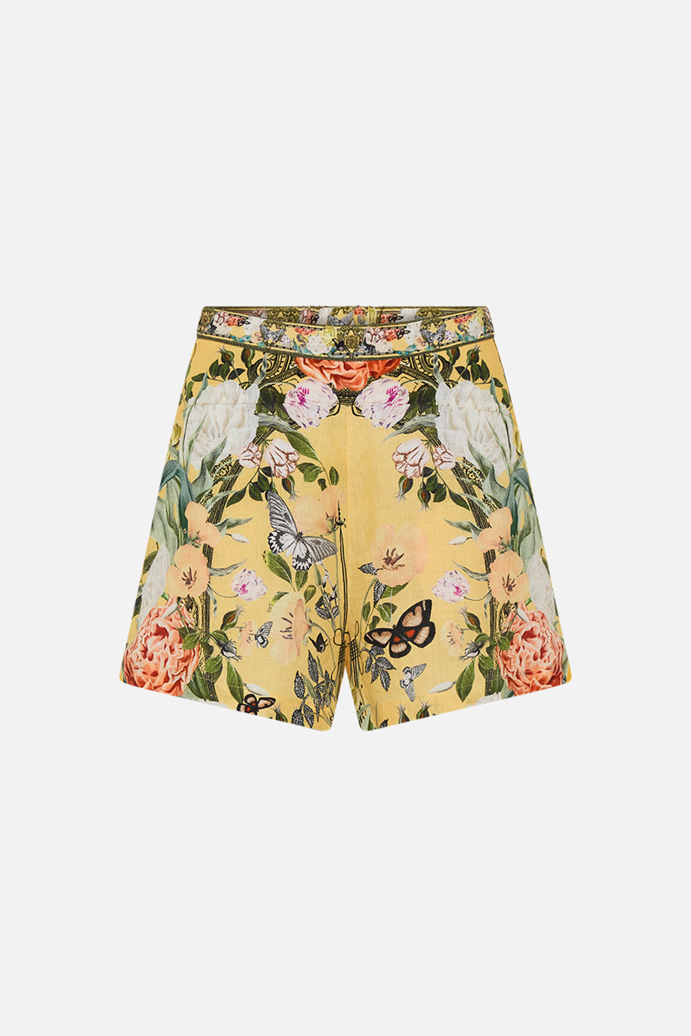CAMILLA yellow line shorts in Paths of Gold print