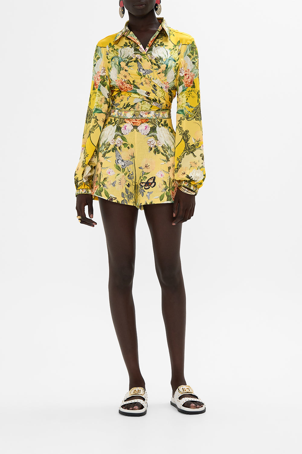 CAMILLA yellow line shorts in Paths of Gold print