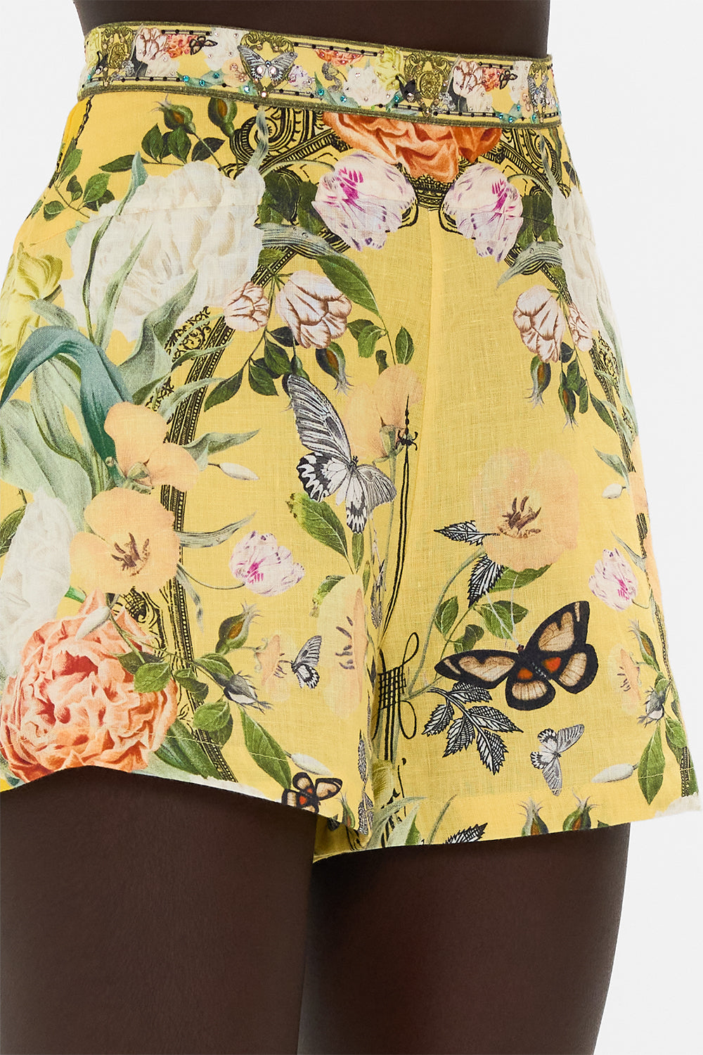 CAMILLA yellow line shorts in Paths of Gold print