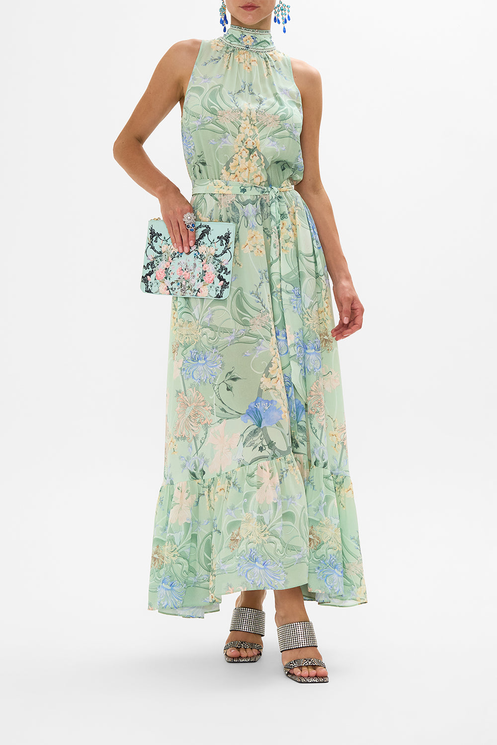 CAMILLA green necktie dress with elasticated waist in Dreaming In Dutch print.