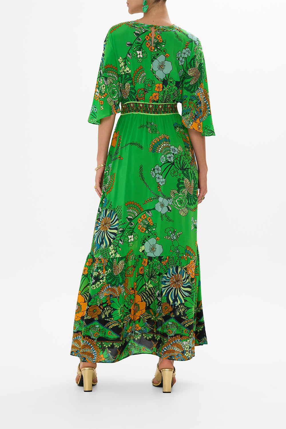 CAMILLA green waisted dress with hem ruffle in Good Vibes Generation print.