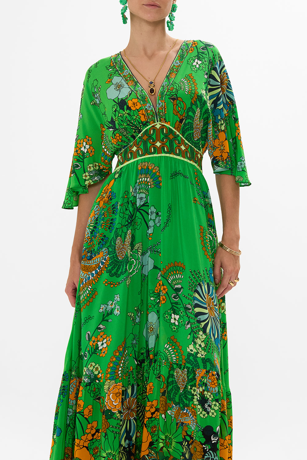 CAMILLA green waisted dress with hem ruffle in Good Vibes Generation print.
