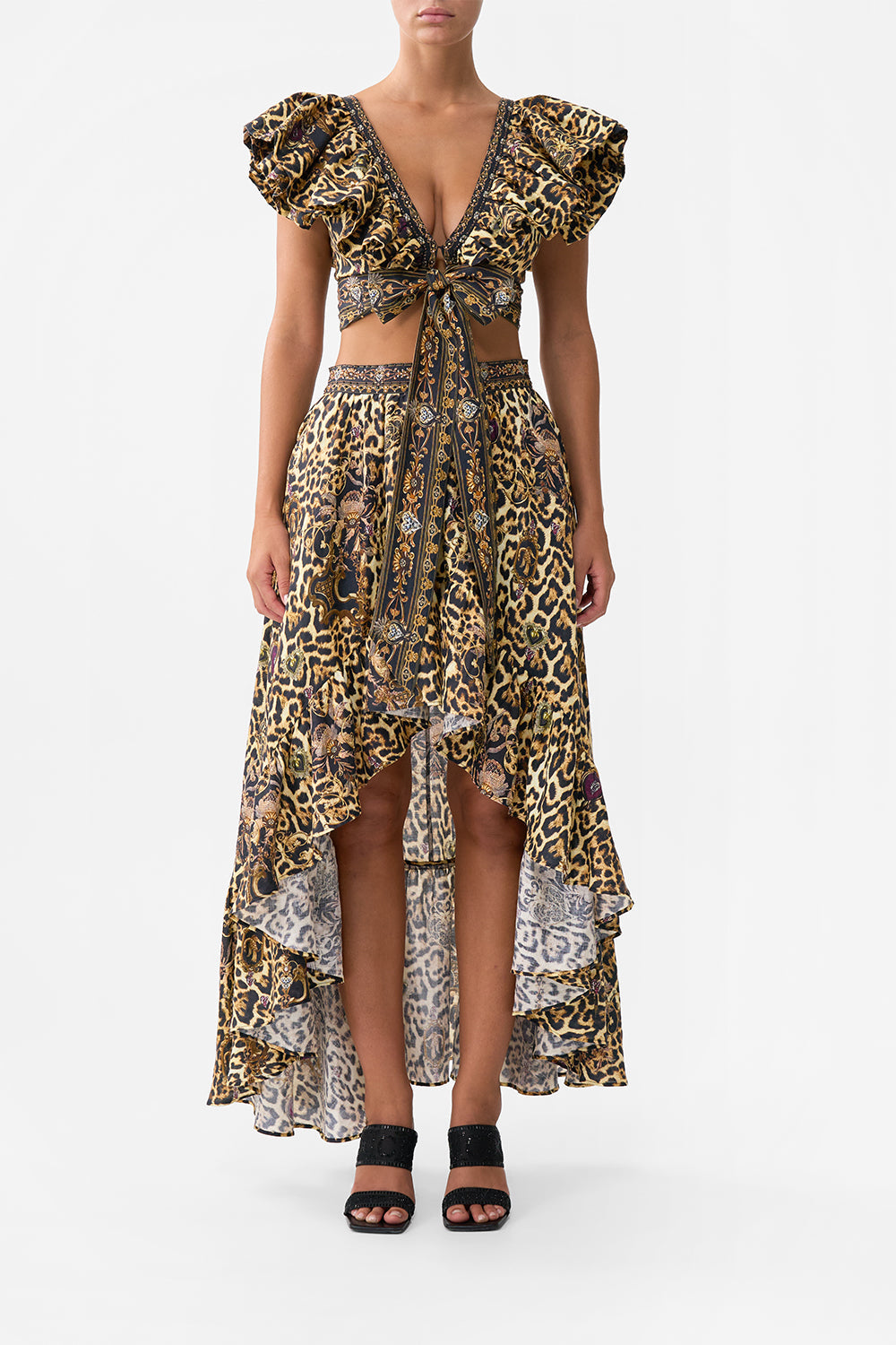 The CAMILLA PLUNGE FRONT HALTER ONE PIECE WITH TRIM THRONE GAMES in our  print.
