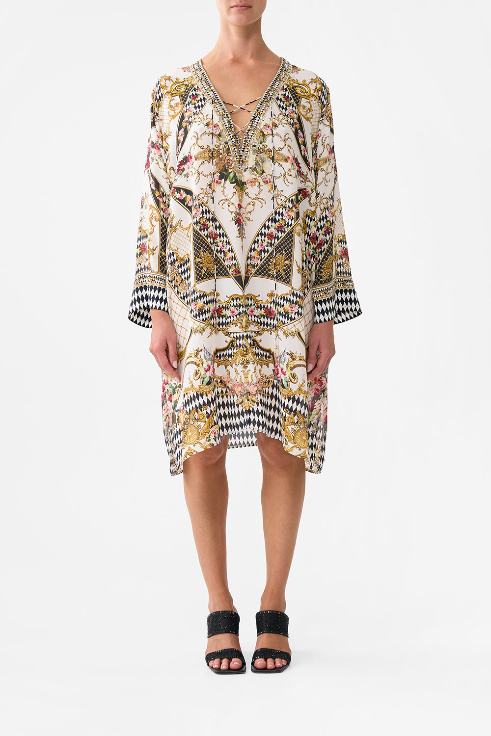 The CAMILLA MINI SHIRT DRESS TOTALLY OZMOPOLITAN in our  print.