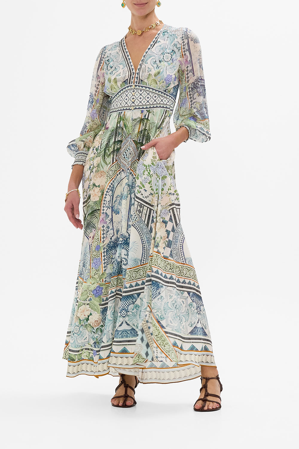 CAMILLA Button Dress With Shaped Waistband in Jardim Party print