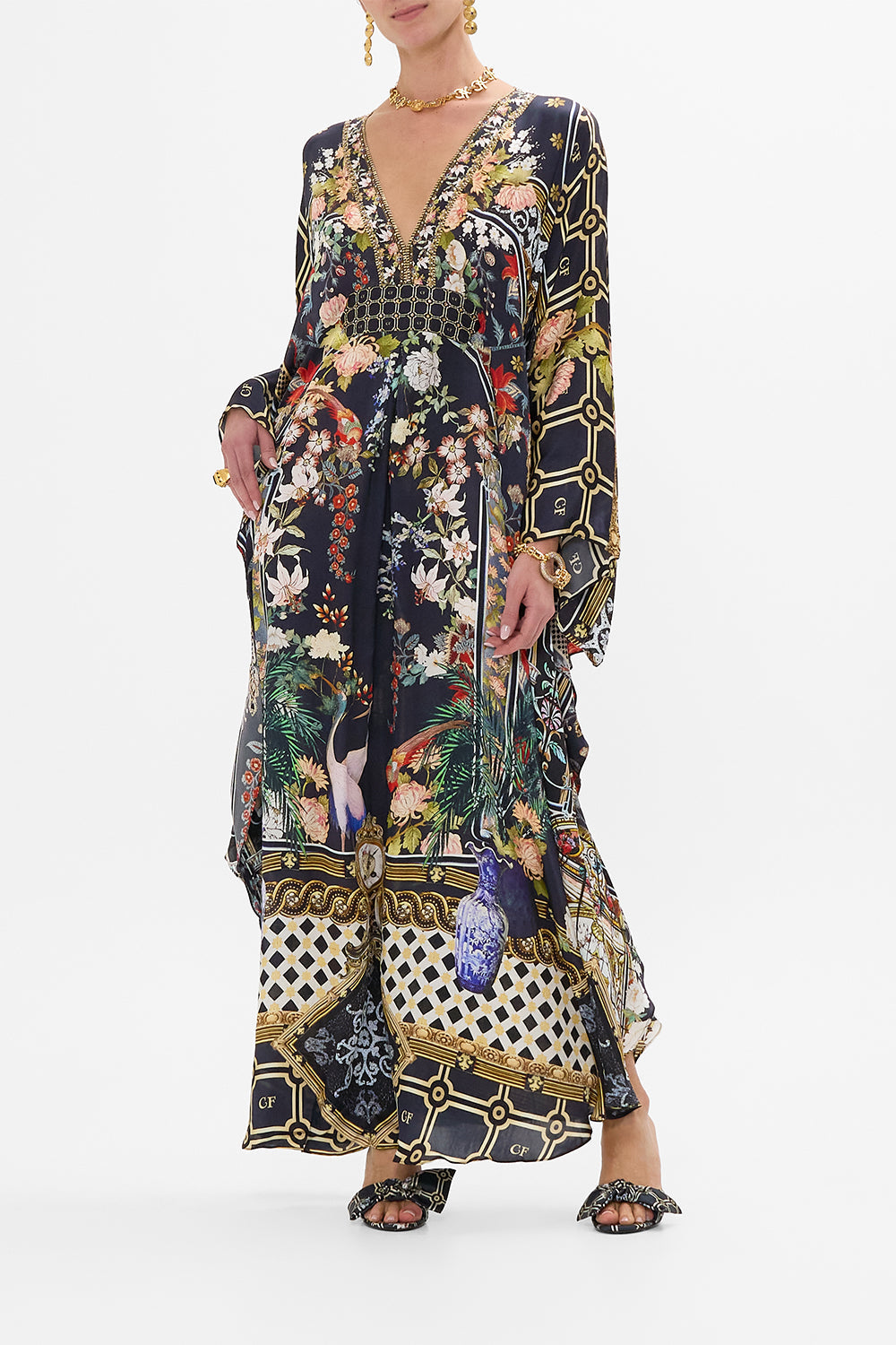 CAMILLA Long Kaftan With Waist Detail in Palacio Poetry print