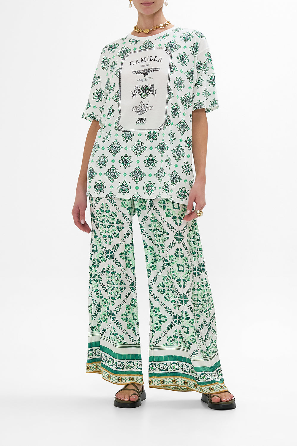 CAMILLA Oversized Band Tee - Green/ White in Corridor Of Calm print
