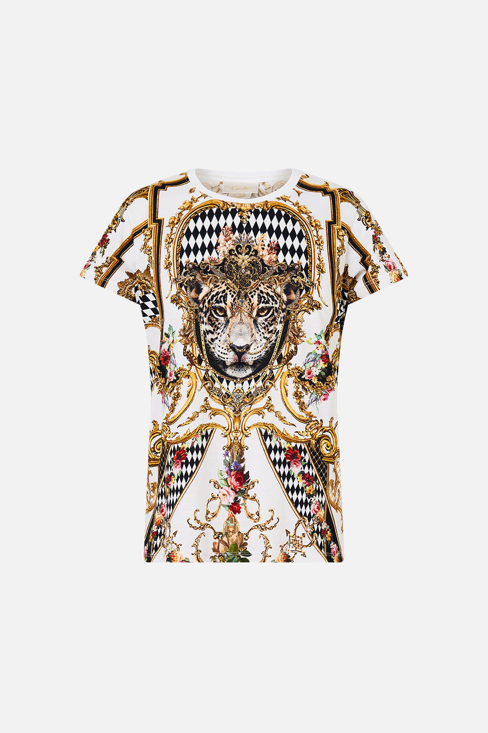 The CAMILLA CROPPED WRAP SHIRT GARDENS OF QUELUZ in our  print.
