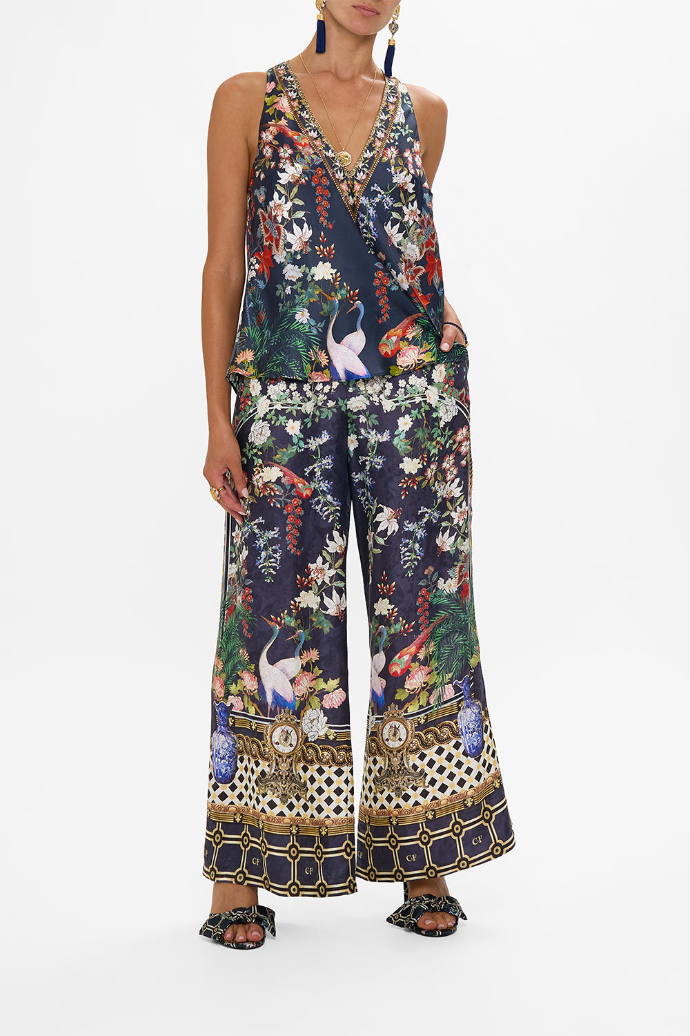 CAMILLA V Neck Top With Knot Back in Palacio Poetry print