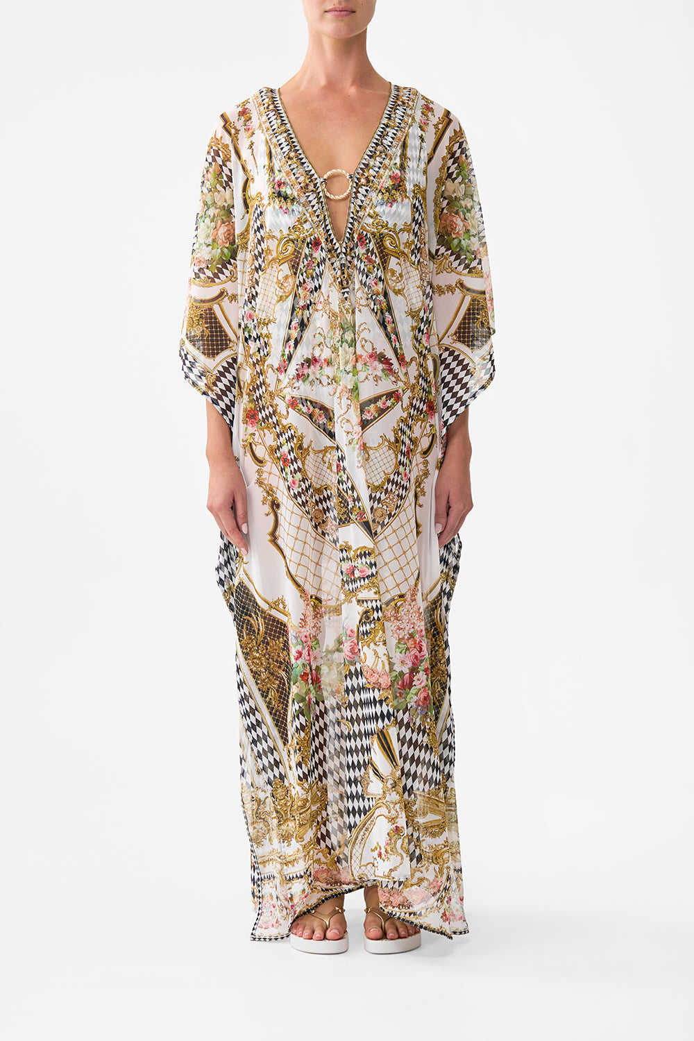 STRETCH MESH KAFTAN WITH TRIM ROCOCO GLOW