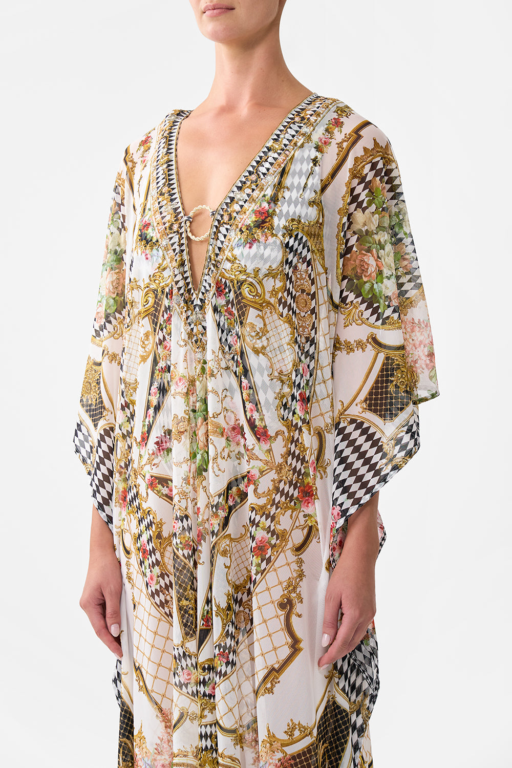 STRETCH MESH KAFTAN WITH TRIM ROCOCO GLOW