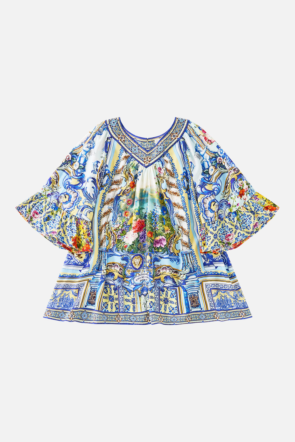 The CAMILLA BUTTON THROUGH SCARF BLOUSE WELCOME TO THE WHITE LOTUS in our WELCOME TO THE WHITE LOTUS print.