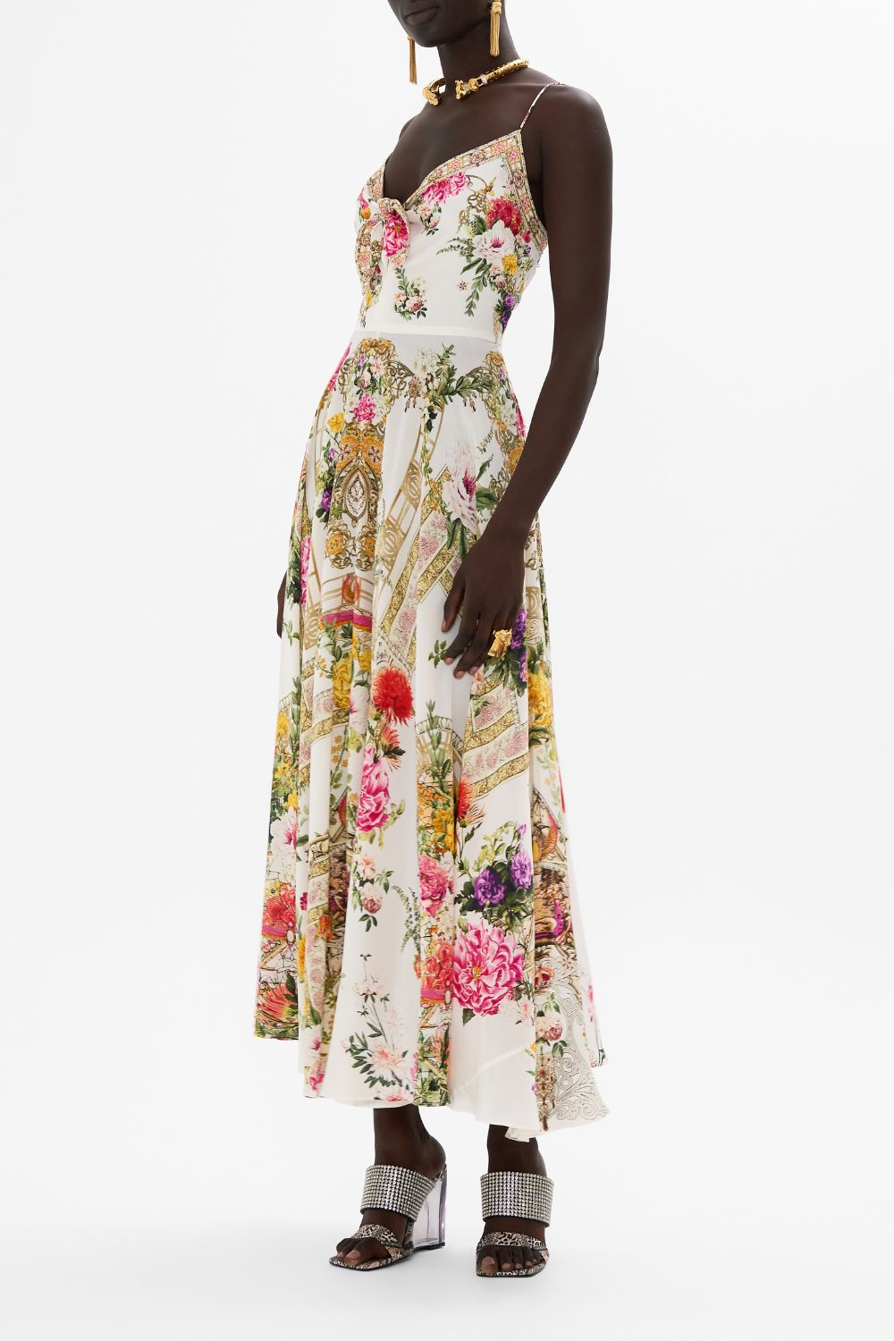 CAMILLA Long dress with tie front in Egyptian rose print.