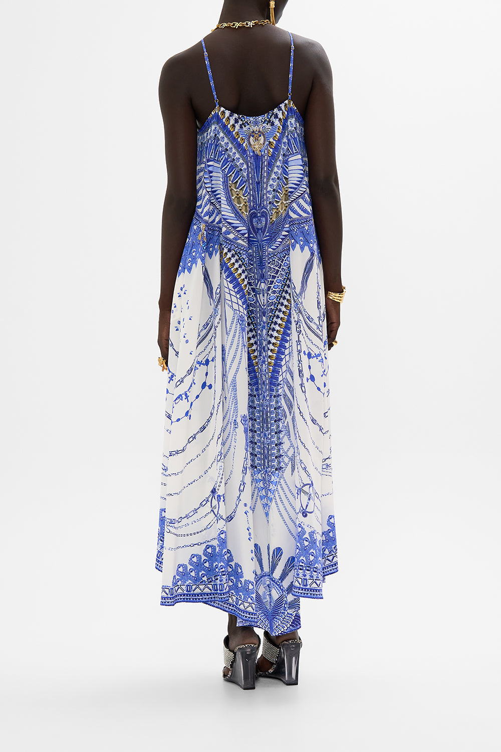 CAMILLA Gather Neck Hardware Maxi Dress in Dancing with Daylight Print.