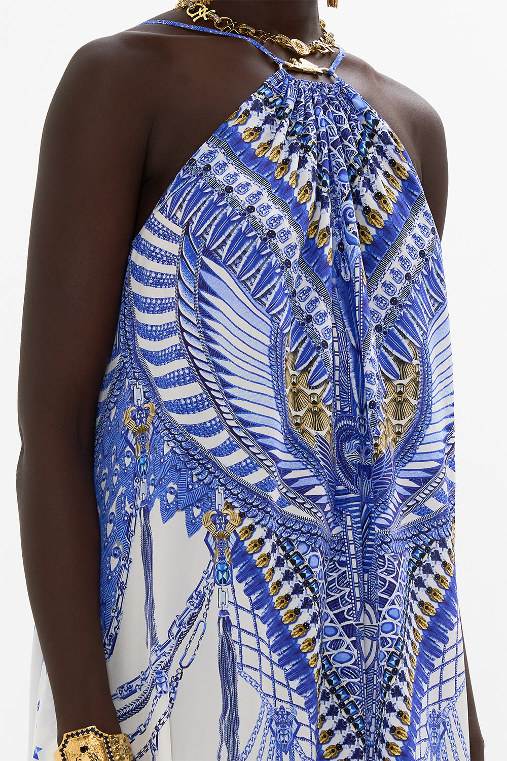 CAMILLA Gather Neck Hardware Maxi Dress in Dancing with Daylight Print.