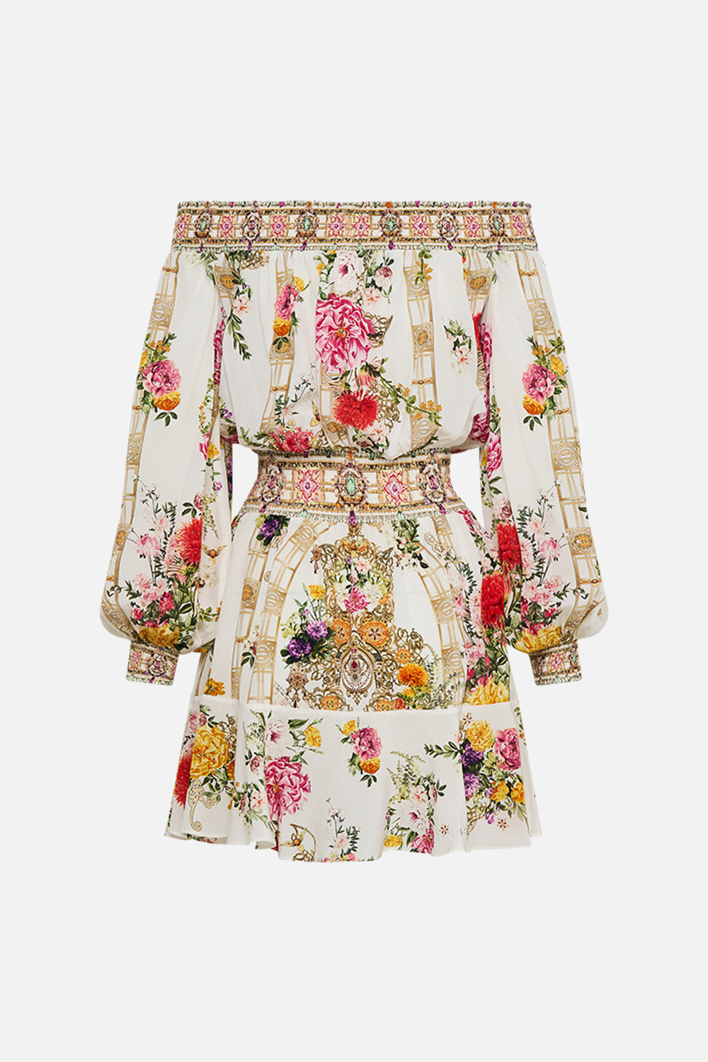 CAMILLA Off shoulder short dress in Egyptian rose print.