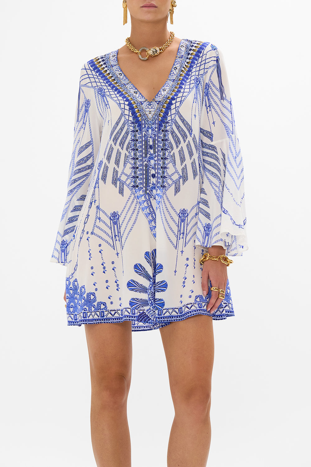 CAMILLA V-Neck Flared Sleeve Mini Dress in Dancing With Daylight Print.