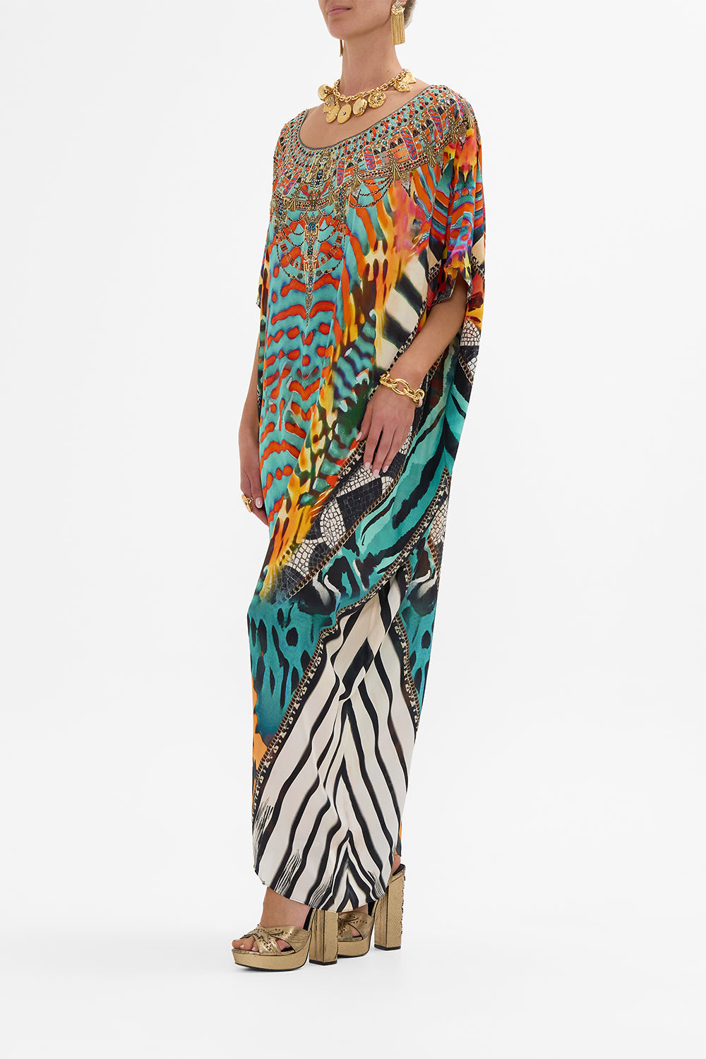 CAMILLA Round Neck Kaftan in Desert Visions print.