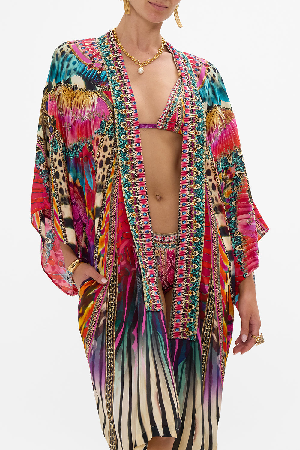 CAMILLA Mid Length Kimono Layer with Collar in Sahara Supernatural print.