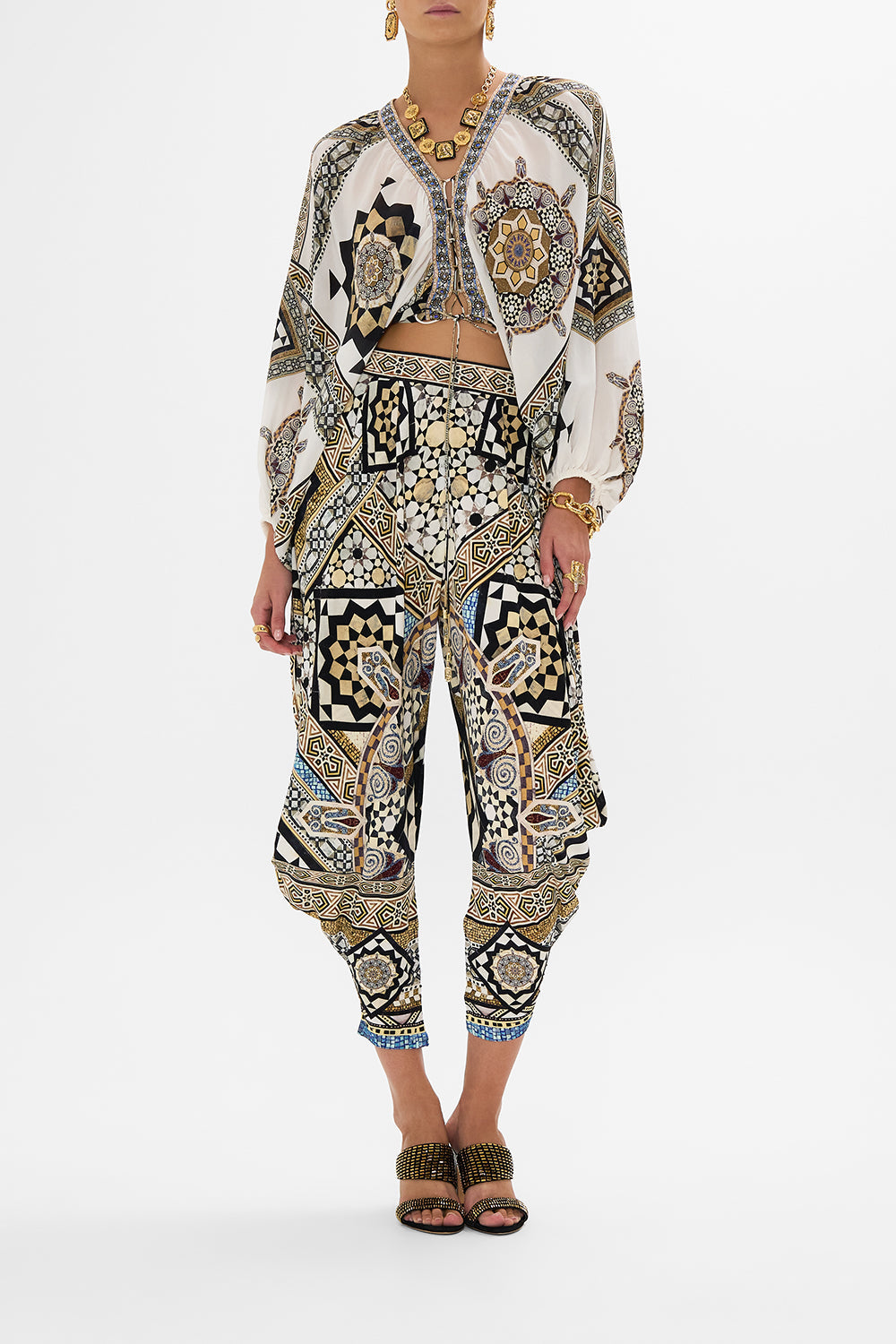 LACE UP FRONT BLOUSON SLEEVE BLOUSE TILE STYLE