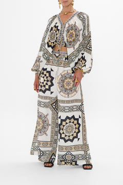 CAMILLA Lace-Up Front Blouson Sleeve Blouse in Tile Style Print