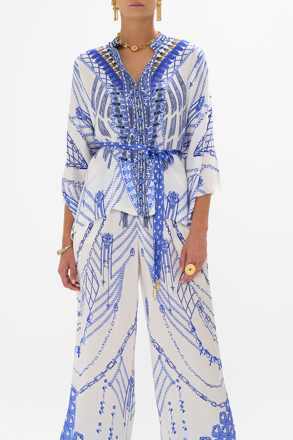 CAMILLA Button Through Scarf Blouse in Dancing with Daylight Print.