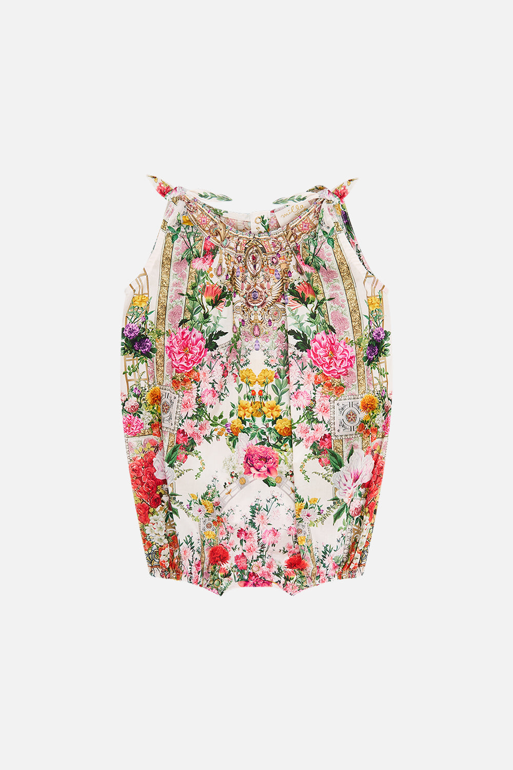 CAMILLA Babies tie shoulder romper in Egyptian rose print.