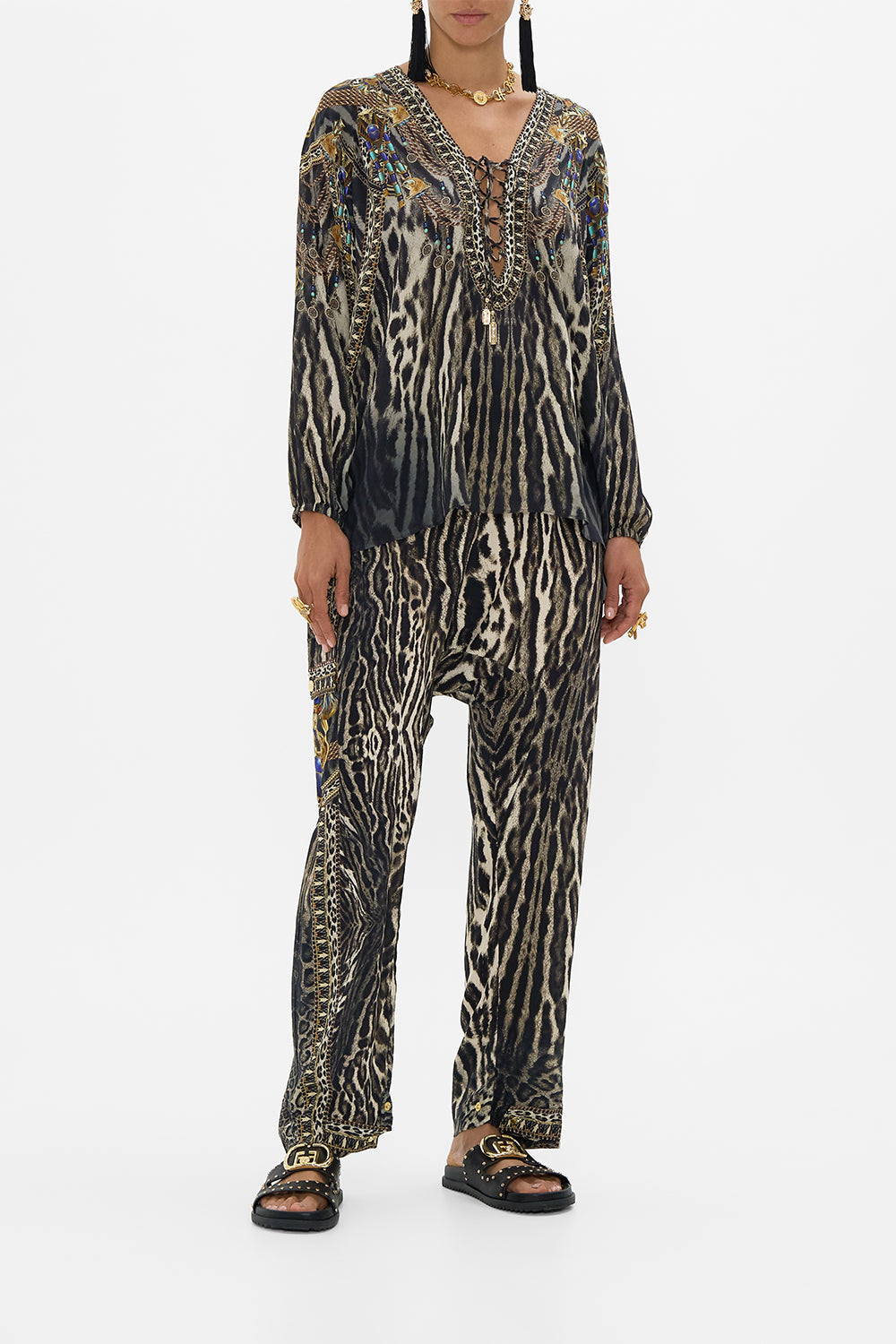 CAMILLA Lace Up Blouse in The Cat Worship print. 