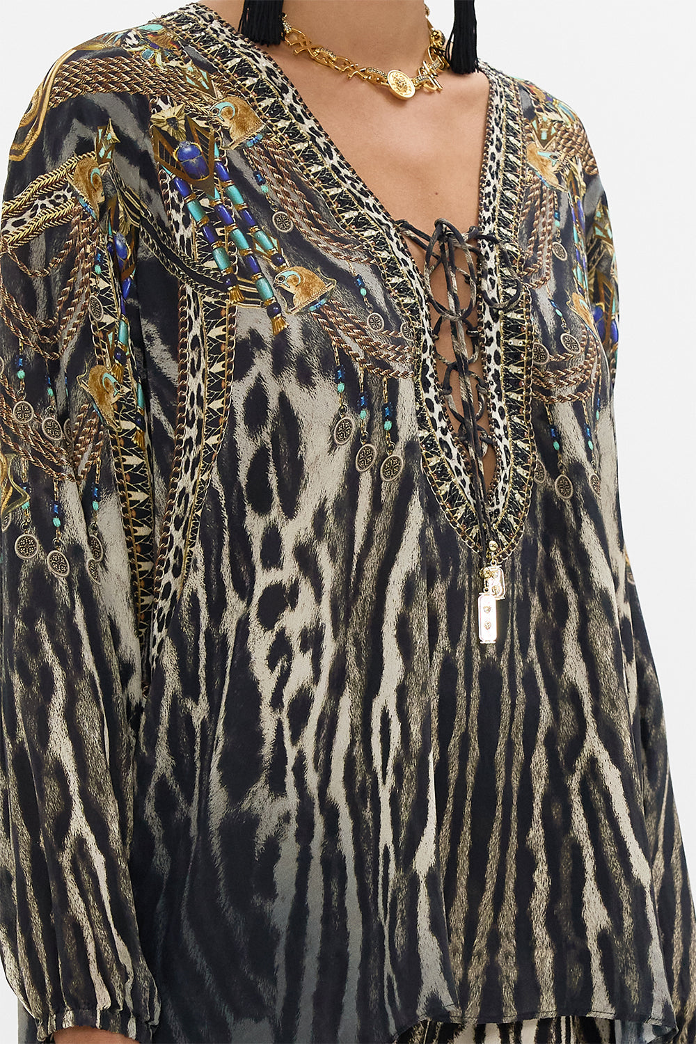 CAMILLA Lace Up Blouse in The Cat Worship print. 