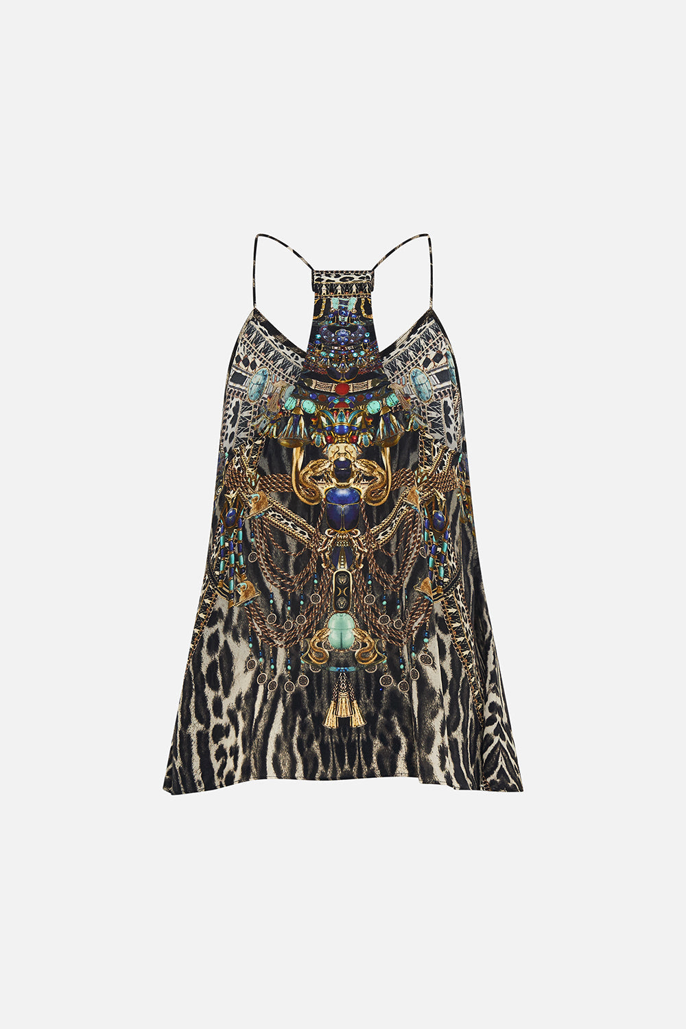 CAMILLA T Back Shoestring Top in Cat Worship print.
