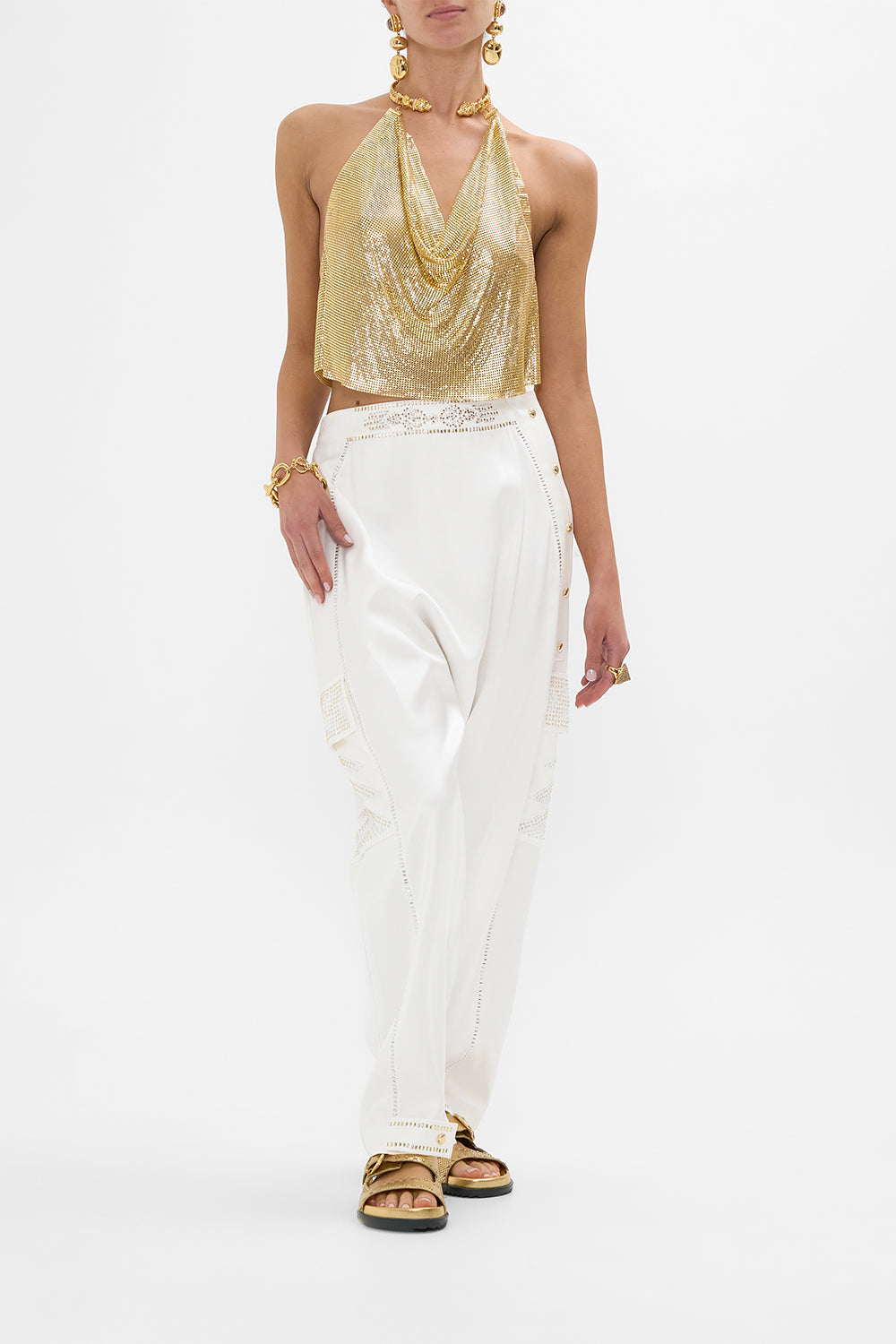 CAMILLA Gilded Mesh Top With Neckpiece in Valley Of The Kings print. 