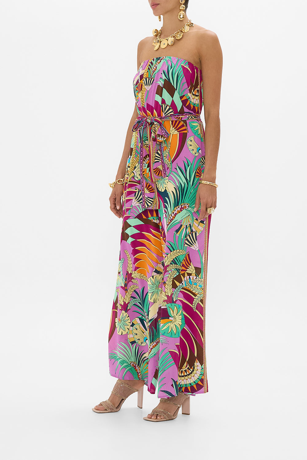 CAMILLA Tie Waist Strapless Jumpsuit in Giza Goddess print. 