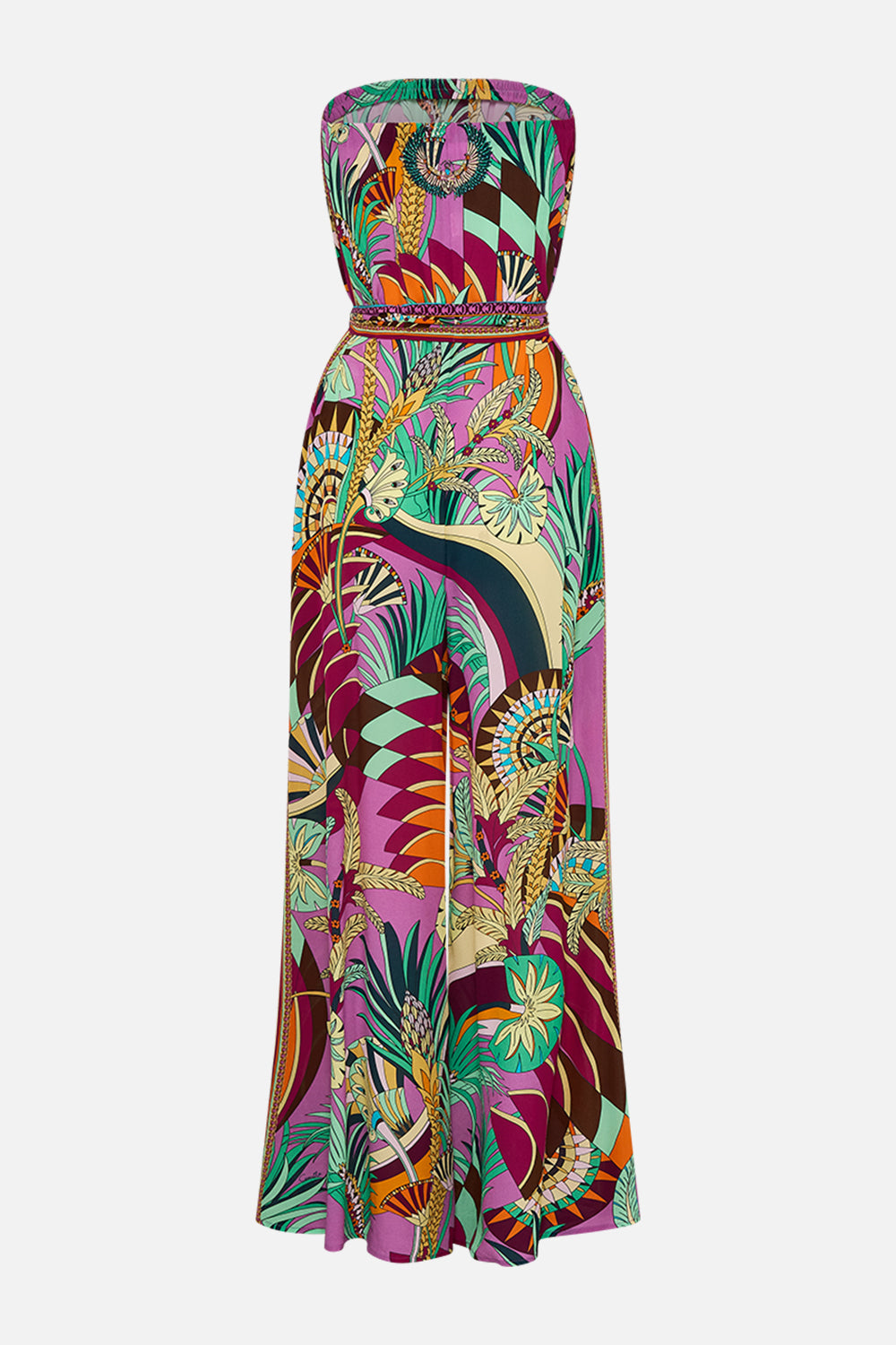 CAMILLA Tie Waist Strapless Jumpsuit in Giza Goddess print. 