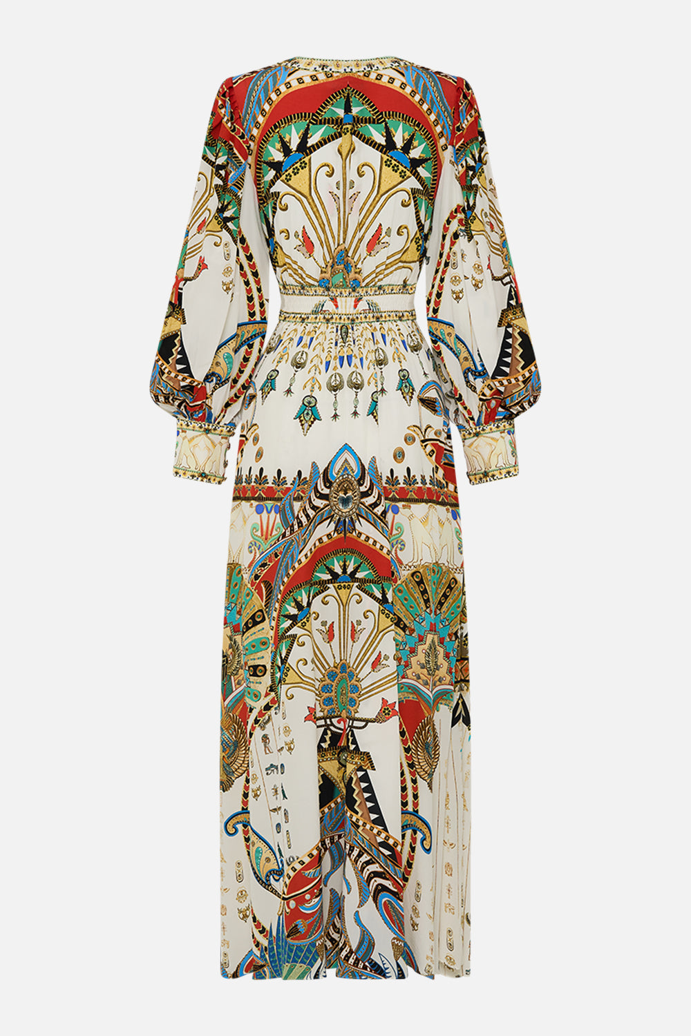 CAMILLA Shaped Waistband Dress With Gathered Sleeves in Valley Of The Queens print.