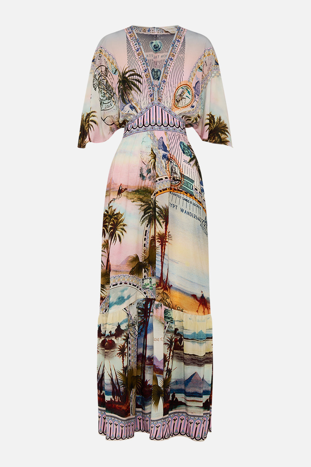 CAMILLA waisted dress with hem ruffle in Call Me in Cairo print. 