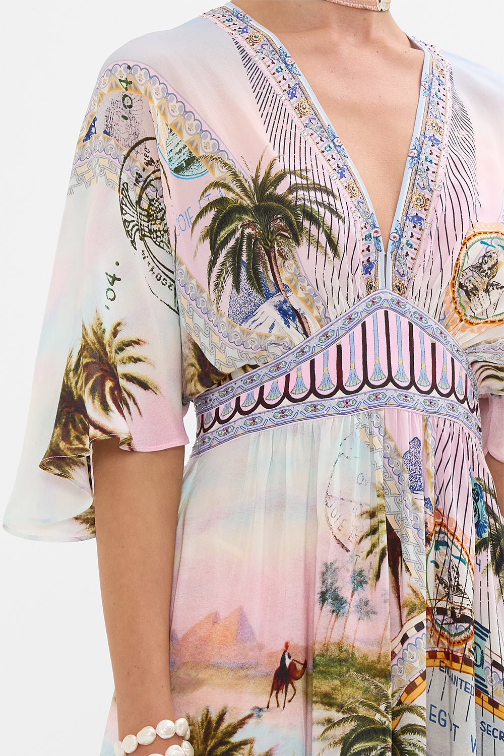 CAMILLA waisted dress with hem ruffle in Call Me in Cairo print. 