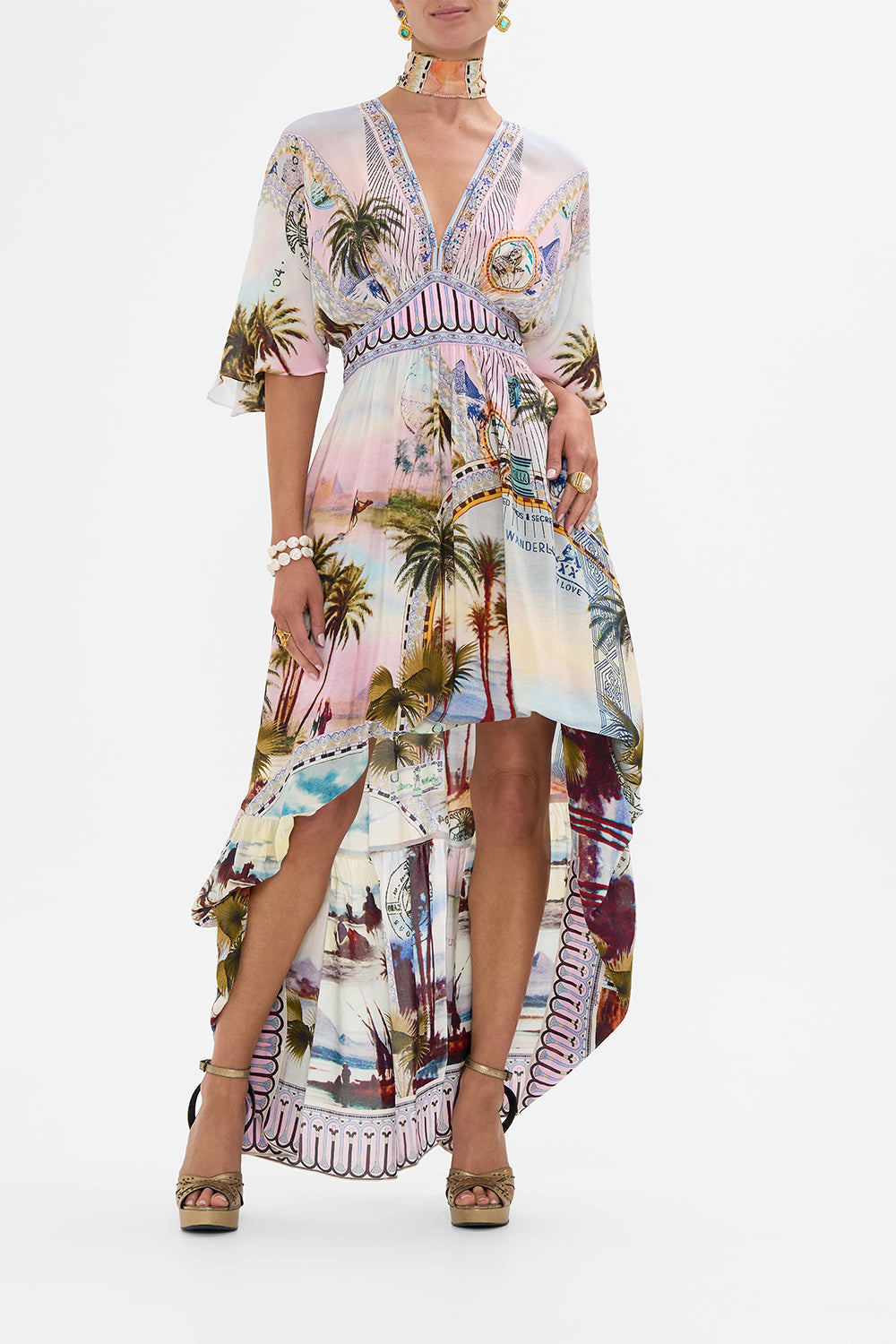 CAMILLA waisted dress with hem ruffle in Call Me in Cairo print. 