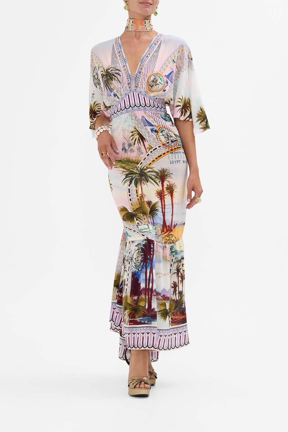 CAMILLA waisted dress with hem ruffle in Call Me in Cairo print. 