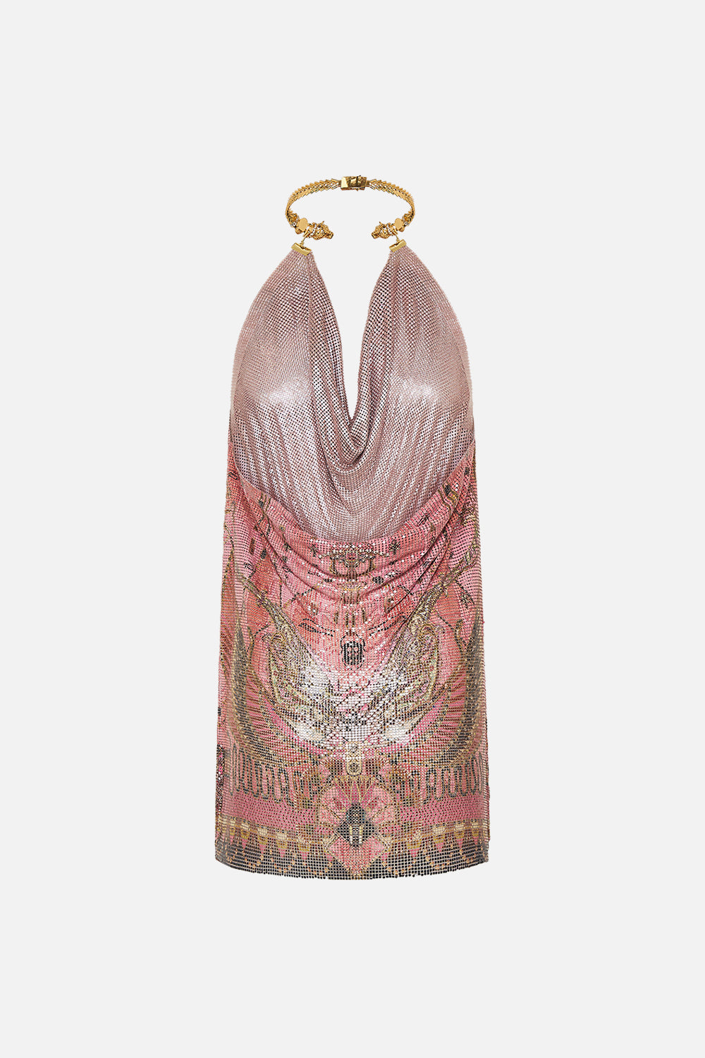 CAMILLA Gilded Mesh Short Dress With Neckpiece in Kingdom of Heiroglyphs print. 