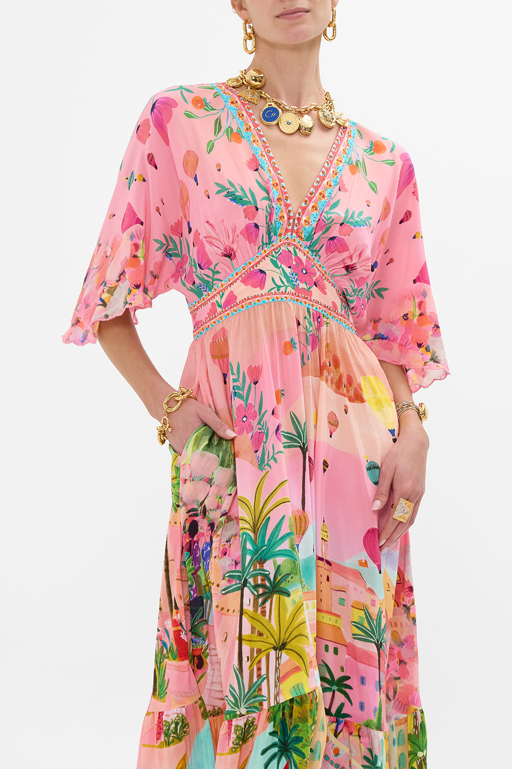CAMILLA Waisted Dress with Hem Ruffle in Sister Sunet print. 