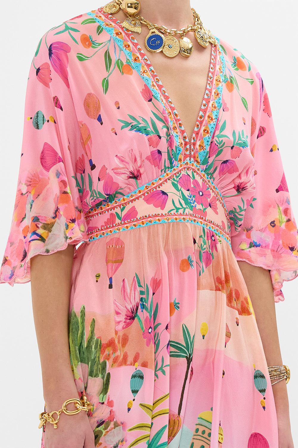 CAMILLA Waisted Dress with Hem Ruffle in Sister Sunet print. 