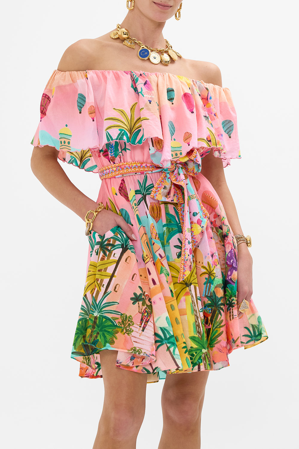 CAMILLA Shoulder Frill Short Dress in Sister Sunset print.