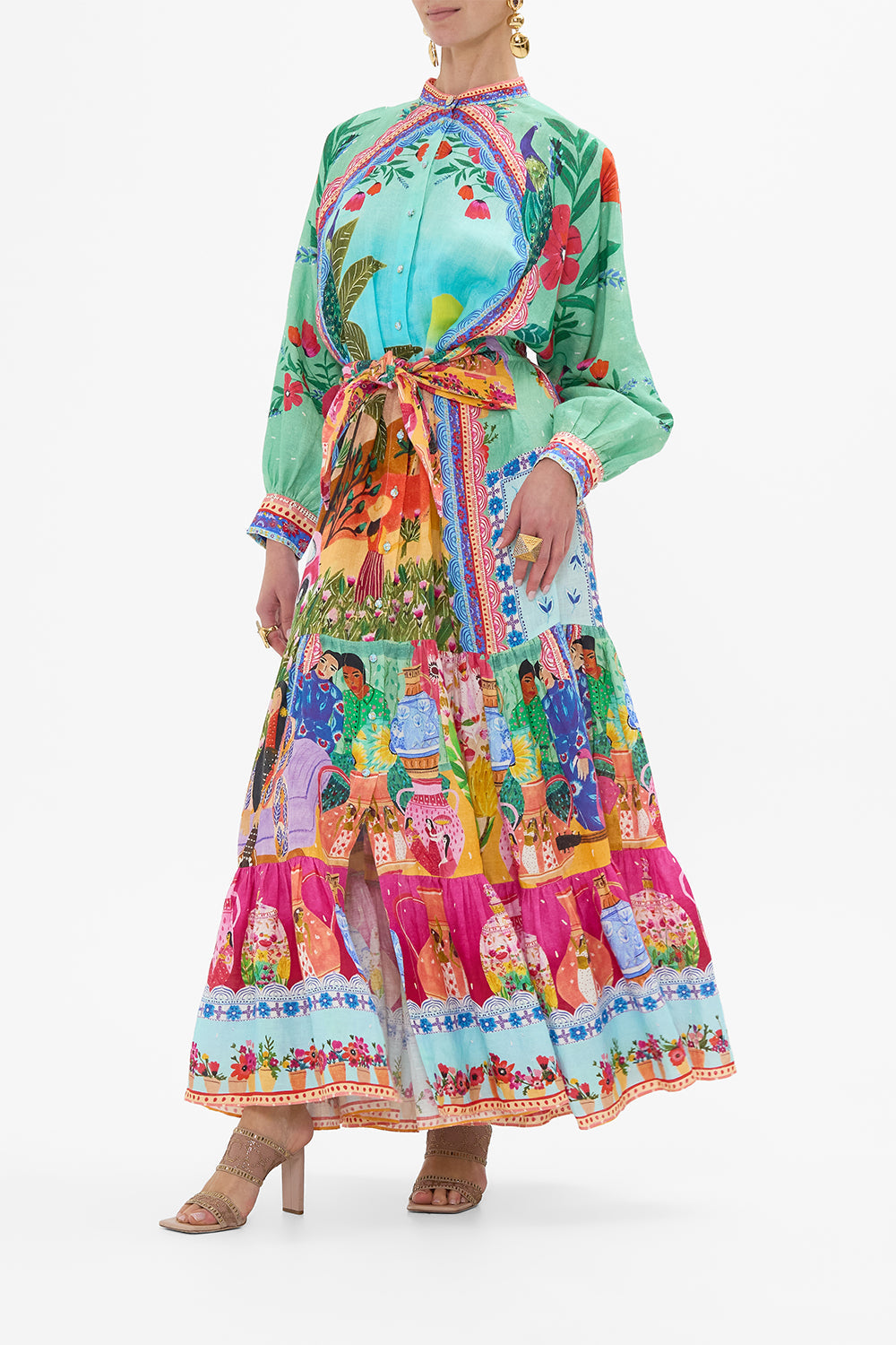 CAMILLA Tiered Shirdress With Wide Waist Tie in Queens of Creation print. 