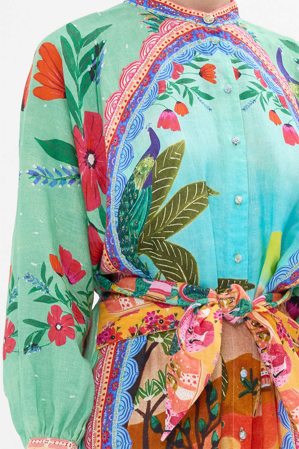 CAMILLA Tiered Shirdress With Wide Waist Tie in Queens of Creation print. 