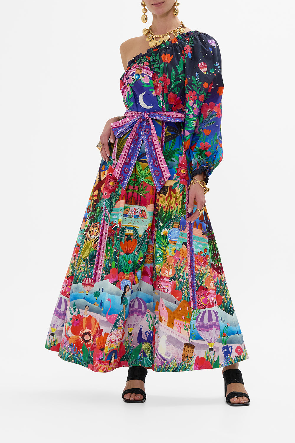 CAMILLA One Shoulder Dress With Blouson Sleeve in Midnight Muses print. 