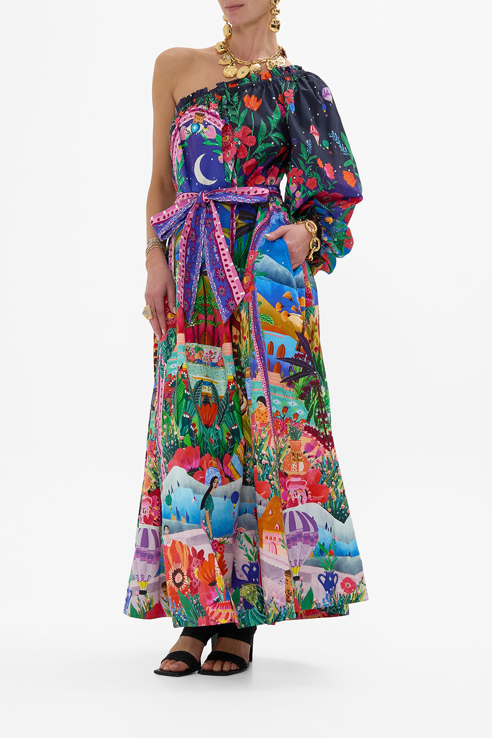 CAMILLA One Shoulder Dress With Blouson Sleeve in Midnight Muses print. 