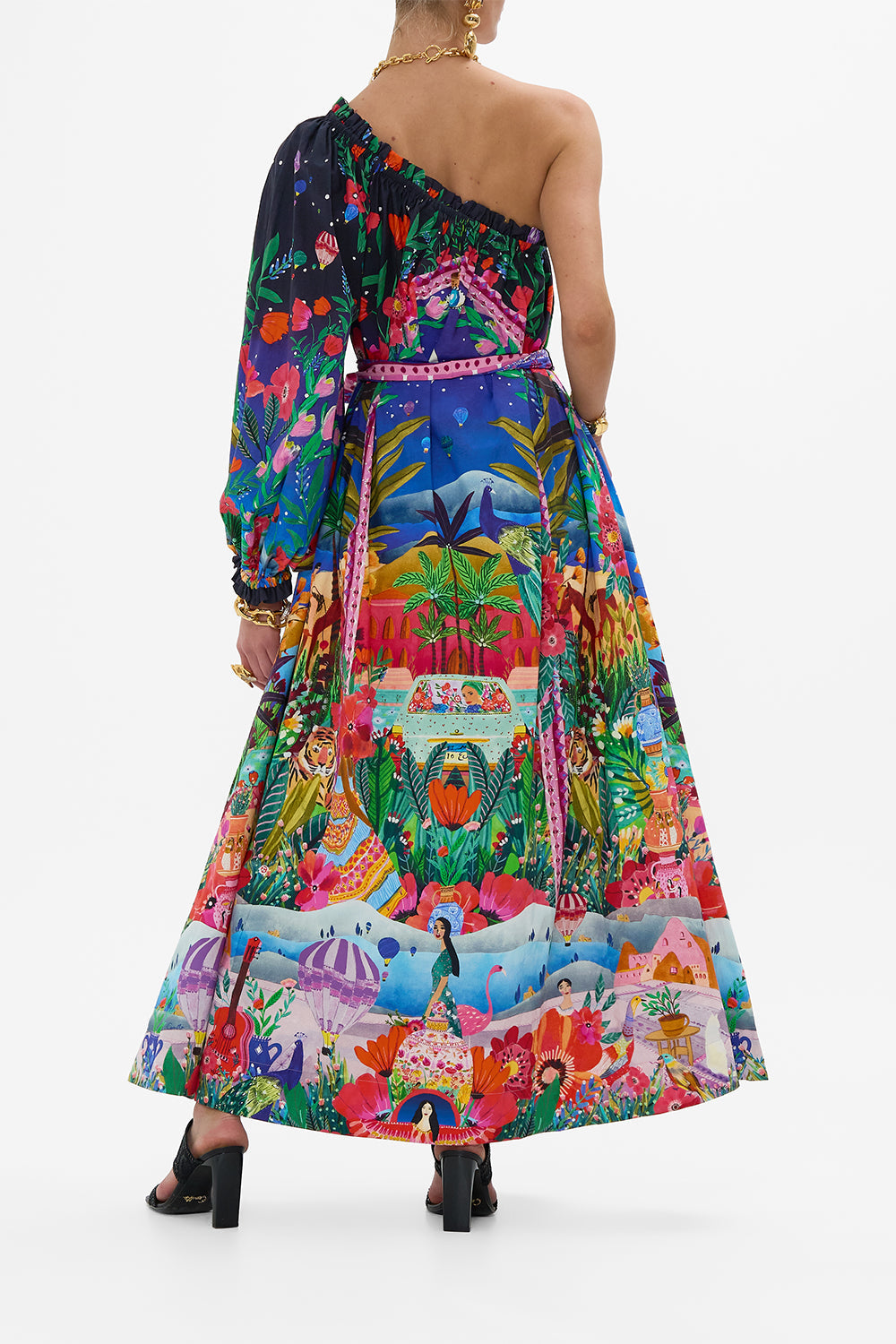 CAMILLA One Shoulder Dress With Blouson Sleeve in Midnight Muses print. 