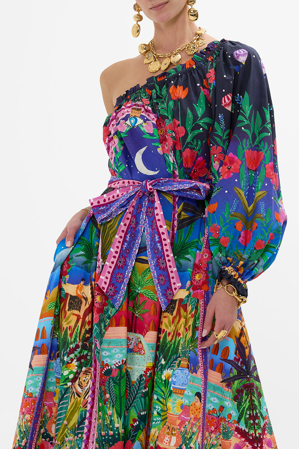 CAMILLA One Shoulder Dress With Blouson Sleeve in Midnight Muses print. 
