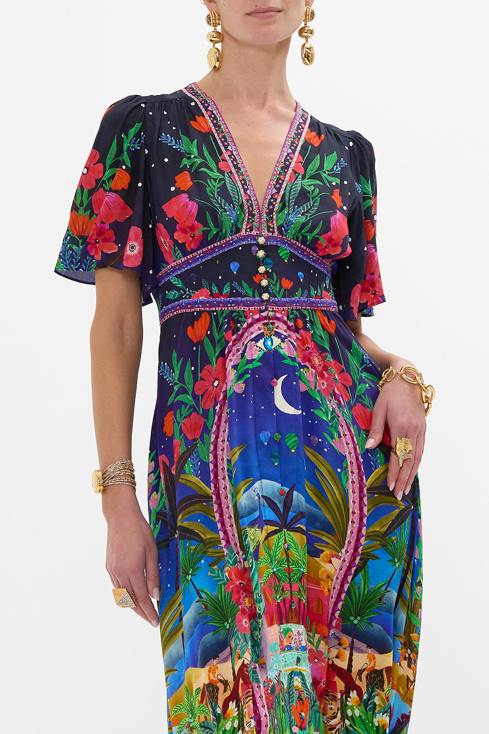 CAMILLA Shaped Waistband Dress with Flutter Sleeves in Midnight Muses print