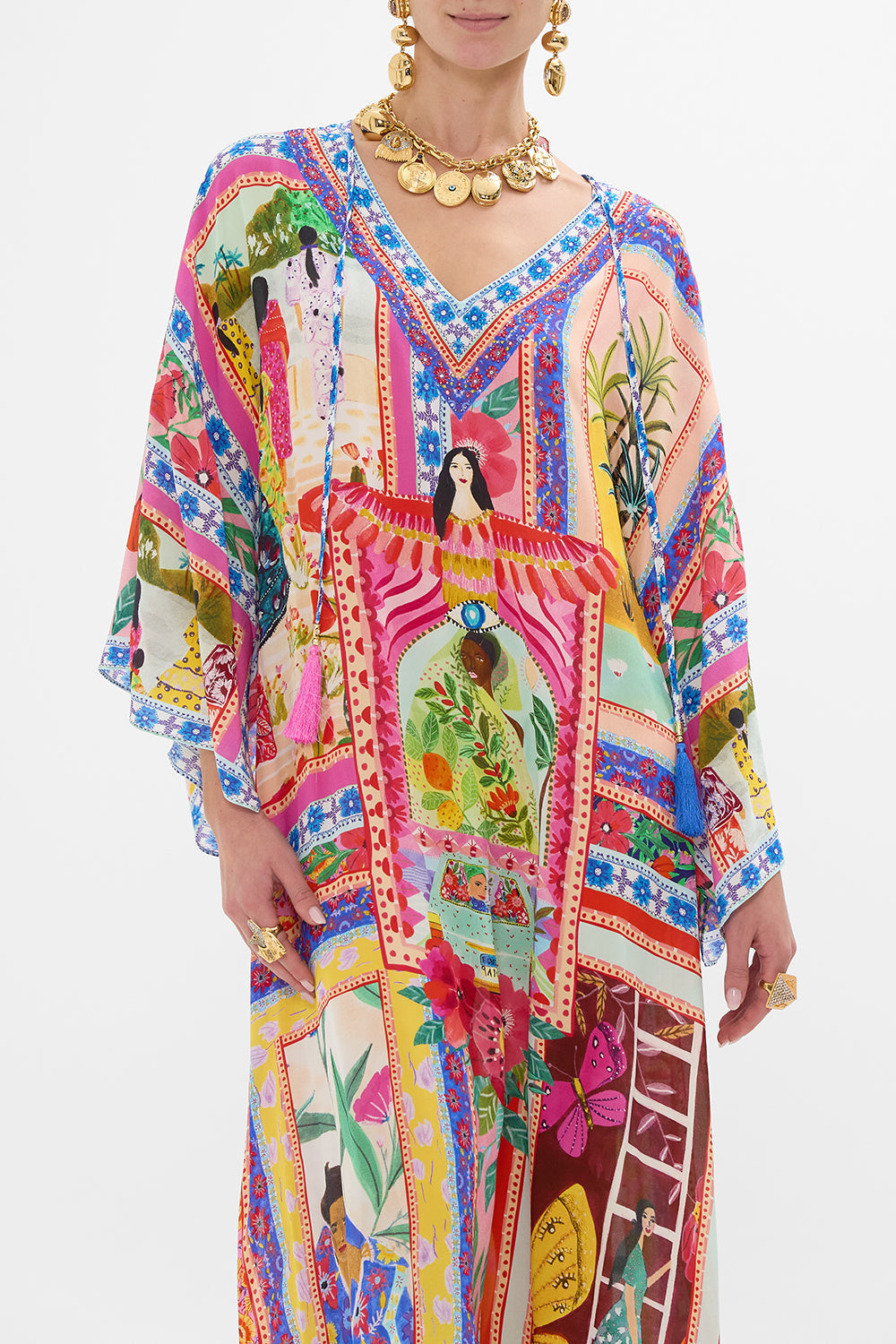 CAMILLA V Neck Kaftan With Ties in Roeqiyas Realm print. 
